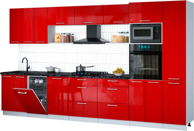 Кухонный гарнитур Интерлиния Мила Gloss 3.7-ПМ3 (красный глянец/красный глянец/кастилло темный)