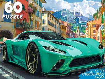 Пазл РЫЖИЙ КОТ Зеленый спортивный автомобиль / Ф60-4529