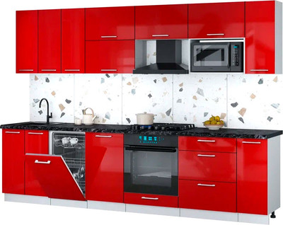 Кухонный гарнитур Интерлиния Мила Gloss 3.0-ПМ4 (красный глянец/красный глянец/кастилло темный)