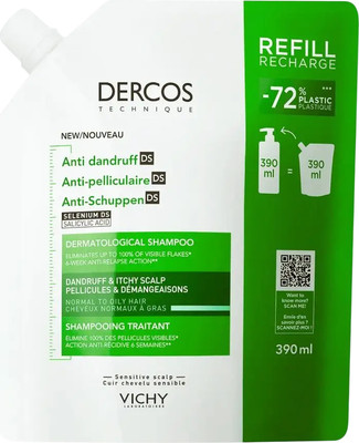 Шампунь для волос Vichy Dercos Против перхоти и себореи д/жирной кожи гол. Сменный блок (390мл)