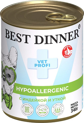 Влажный корм для собак Best Dinner Hypoallergenic Exclusive с индейкой и уткой (340г)
