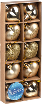 Набор елочных игрушек Волшебная страна Сердечки золотые / 110444 (10шт)