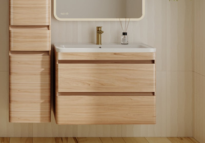 Тумба с умывальником Symbolite Атлантика 80 Люкс Plus + Атлантика 80 (подвесная, ясень перламутр)