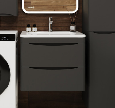 Тумба с умывальником Symbolite Бергамо мини 60 Люкс Plus 2 ящика + Каре Люкс Мини 60х35 (подвесная, черный)
