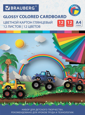 Набор цветного картона Brauberg Мелованный Гонки / 129916 (12л)