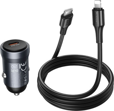 Зарядное устройство автомобильное Hoco Z62A + кабель Lightning-Type-C (металлик)