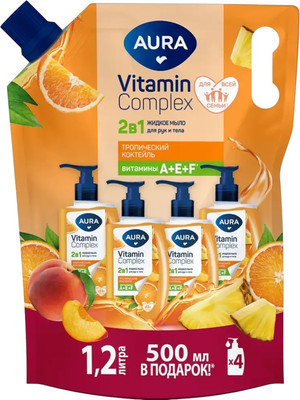 Мыло жидкое Aura Vitamin Complex 2 в 1 для рук и тела Тропический коктейль (1.2л,  дой-пак)