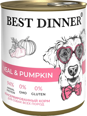Влажный корм для собак Best Dinner Для щенков и взрослых собак Телятина с тыквой (850г)
