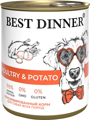 Влажный корм для собак Best Dinner Для щенков и взрослых собак Птица с картофелем (850г)
