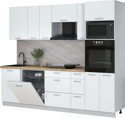 Кухонный гарнитур Интерлиния Мила Лайт 2.6-ПМ1 (белый платинум/белый платинум/дуб бунратти)