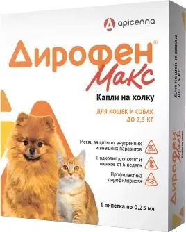 Капли от паразитов Apicenna Дирофен Макс для кошек и собак до 2.5 кг (0.25мл)