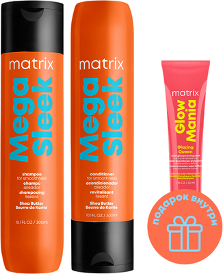 Набор косметики для волос MATRIX Mega Sleek для гладкости волос Шампунь 300мл + Кондиционер 300мл (маска для блеска окрашенных волос Glow Mania 30мл в подарок)