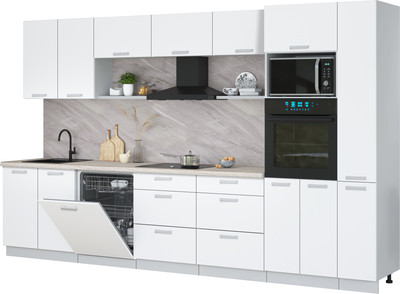 Кухонный гарнитур Интерлиния Мила Лайт 3.5-ПМ1  (белый платинум/белый платинум/травертин серый)