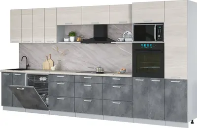 Кухонный гарнитур Интерлиния Мила Лайт 4.0-ПМ1 (вудлайн кремовый/бетон портленд/бискайская сосна)