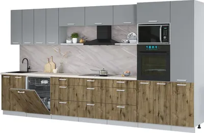 Кухонный гарнитур Интерлиния Мила Лайт 4.0-ПМ1 (серебро/дуб веллингтон/травертин серый)