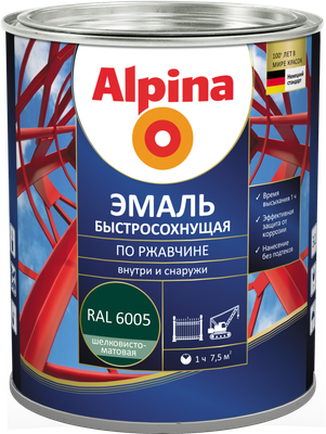 Грунт-эмаль Alpina Быстросохнущая по ржавчине RAL6005 (0.9кг, зеленый, шелковисто-матовый)