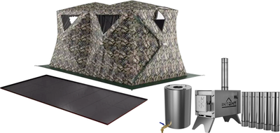 Палатка-баня MORZH Куб дубль с полом, печью и баком для воды (камуфляж)