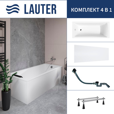 Ванна акриловая Lauter Aurora 170x75 / 21010075 (с ножками, лицевым экраном и сифоном 21Y32001 матовый черный)