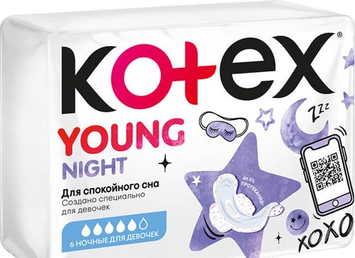 Изображение товара Прокладки гигиенические Kotex Янг Ночные для девочек (6шт)