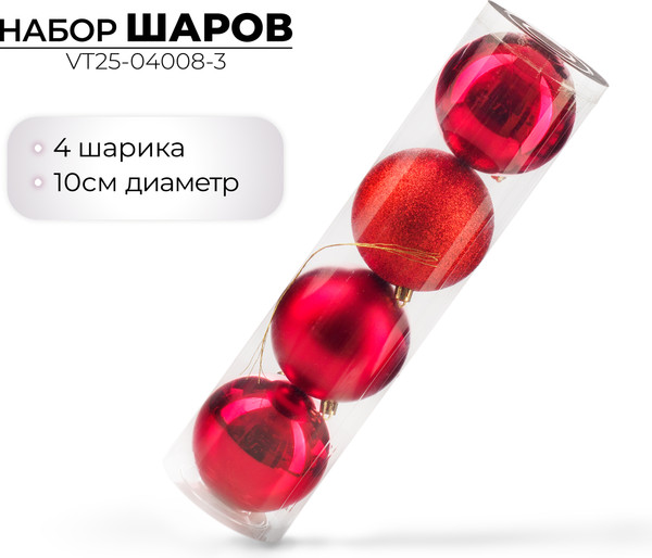 Изображение товара Набор шаров новогодних Ausini VT25-04008-3 (красный, 4шт)