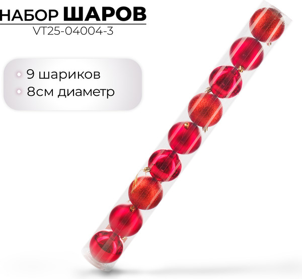Изображение товара Набор шаров новогодних Ausini VT25-04004-3 (красный, 9шт)