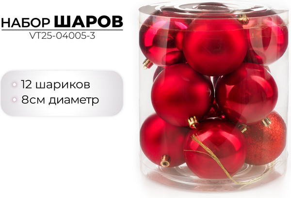 Изображение товара Набор шаров новогодних Ausini VT25-04005-3 (красный, 12шт)