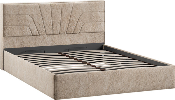 Изображение товара Двуспальная кровать ТриЯ Пандора с ПМ и заглушиной 160x200 Тип 1 (микровелюр Wellmart Dark Beige)