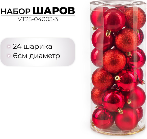 Изображение товара Набор шаров новогодних Ausini VT25-04003-3 (красный, 24шт)