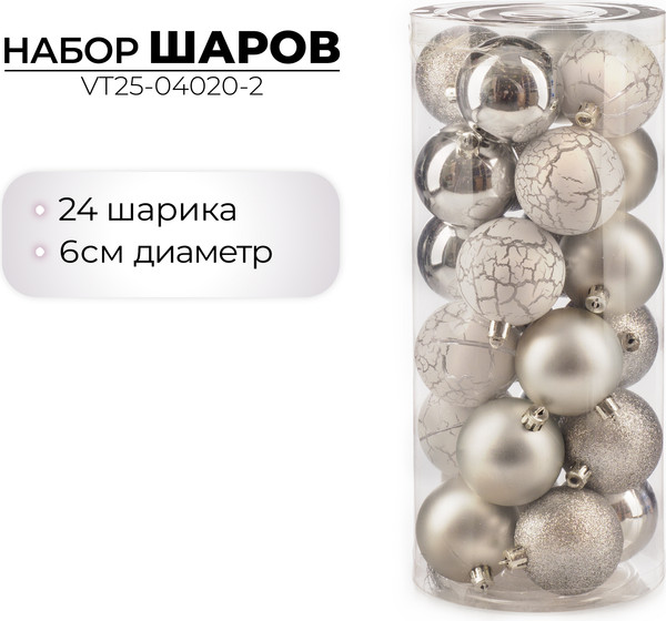 Изображение товара Набор шаров новогодних Ausini VT25-04020-2 (серебристый, 24шт)