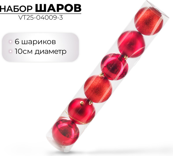 Изображение товара Набор шаров новогодних Ausini VT25-04009-3 (красный, 6шт)