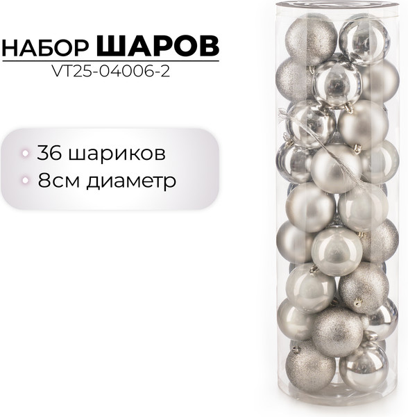 Изображение товара Набор шаров новогодних Ausini VT25-04006-2 (серебристый, 36шт)