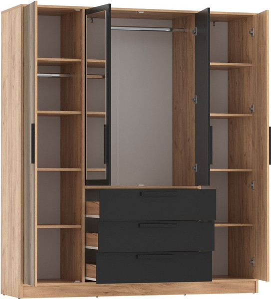 Изображение товара Шкаф Олмеко Вегас 4-х дверный с зеркалом 83.07 (дуб золотой/черный/белый)