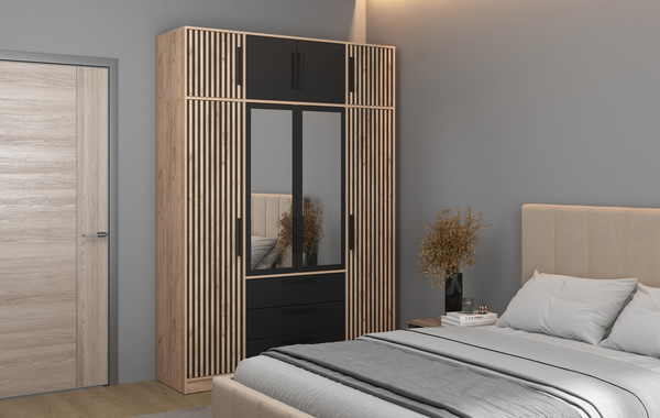 Изображение товара Шкаф Олмеко Вегас 4-х дверный с зеркалом 83.07 (дуб золотой/черный/белый)