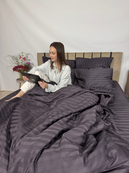 Изображение товара Комплект постельного белья Samsara Страйп-сатин Дуэт 50х70 (мокрый асфальт, простыня на резинке)