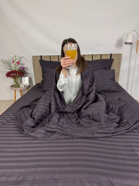 Изображение товара Комплект постельного белья Samsara Страйп-сатин Дуэт 50х70 (мокрый асфальт, простыня на резинке)