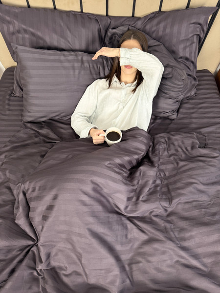 Изображение товара Комплект постельного белья Samsara Страйп-сатин 2сп 50х70 (мокрый асфальт, простыня на резинке)