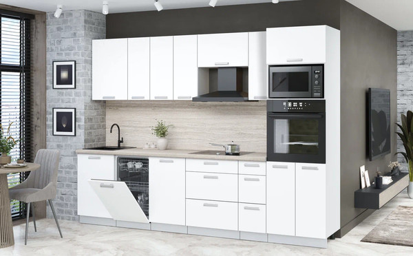 Изображение товара Кухонный гарнитур Интерлиния Мила Лайт 2.9-ПМ3 (белый платинум/белый платинум/травертин серый)