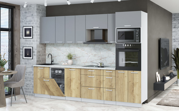 Изображение товара Кухонный гарнитур Интерлиния Мила Лайт 2.9-ПМ3 (серебро/дуб золотой/серый каспий)