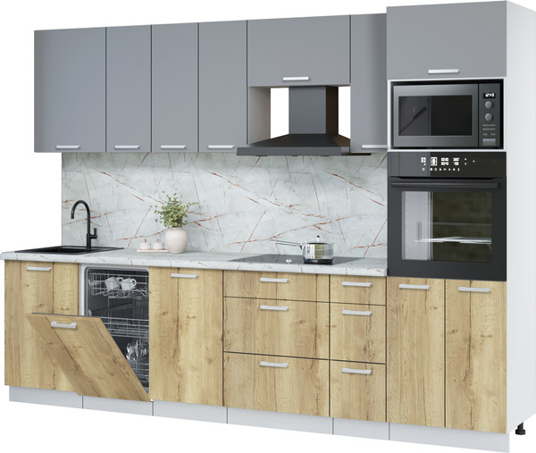 Изображение товара Кухонный гарнитур Интерлиния Мила Лайт 2.9-ПМ3 (серебро/дуб золотой/серый каспий)