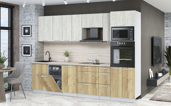 Изображение товара Кухонный гарнитур Интерлиния Мила Лайт 2.9-ПМ3 (дуб белый/дуб золотой/травертин серый)