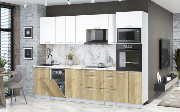 Изображение товара Кухонный гарнитур Интерлиния Мила Лайт 2.9-ПМ3 (белый платинум/дуб золотой/белый гранит)