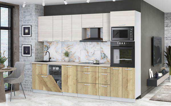 Изображение товара Кухонный гарнитур Интерлиния Мила Лайт 2.9-ПМ3 (вудлайн кремовый/дуб золотой/травертин серый)