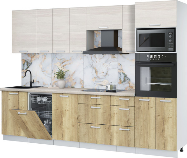 Изображение товара Кухонный гарнитур Интерлиния Мила Лайт 2.9-ПМ3 (вудлайн кремовый/дуб золотой/травертин серый)