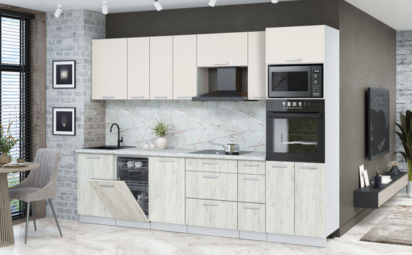 Изображение товара Кухонный гарнитур Интерлиния Мила Лайт 2.9-ПМ3 (персидский жемчуг/дуб белый/серый каспий)