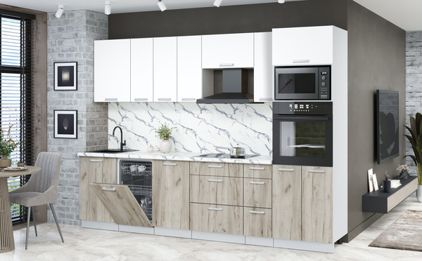 Изображение товара Кухонный гарнитур Интерлиния Мила Лайт 2.9-ПМ3 (белый платинум/дуб серый/белый гранит)