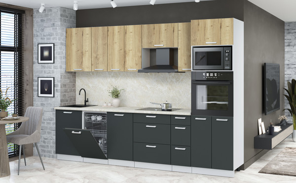 Изображение товара Кухонный гарнитур Интерлиния Мила Лайт 2.9-ПМ3 (дуб золотой/антрацит/опал светлый)