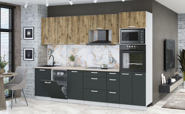 Изображение товара Кухонный гарнитур Интерлиния Мила Лайт 2.9-ПМ3 (дуб веллингтон/антрацит/травертин серый)