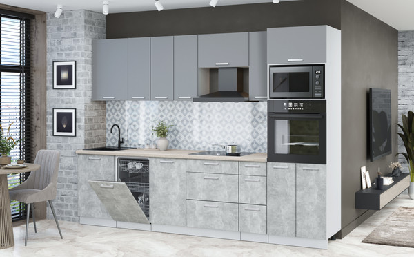 Изображение товара Кухонный гарнитур Интерлиния Мила Лайт 2.9-ПМ3 (серебро/бетон/травертин серый)