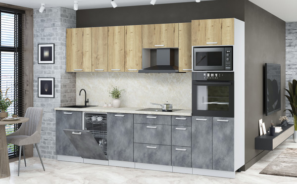 Изображение товара Кухонный гарнитур Интерлиния Мила Лайт 2.9-ПМ3 (дуб золотой/бетон портленд/опал светлый)