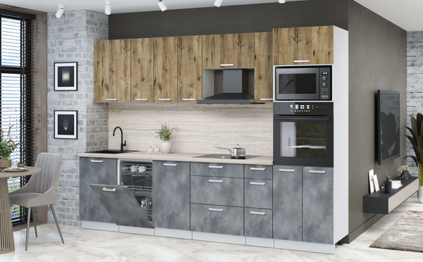 Изображение товара Кухонный гарнитур Интерлиния Мила Лайт 2.9-ПМ3 (дуб веллингтон/бетон портленд/травертин серый)